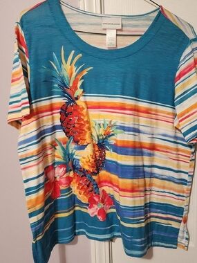 Alfred Dunner Tropical Pineapple Striped Top - Teal Multi